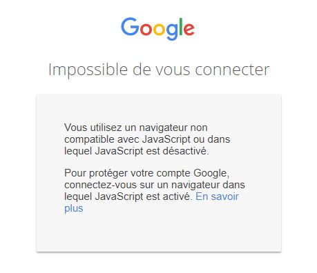 écran de connexion compte google avec javascript désactivé